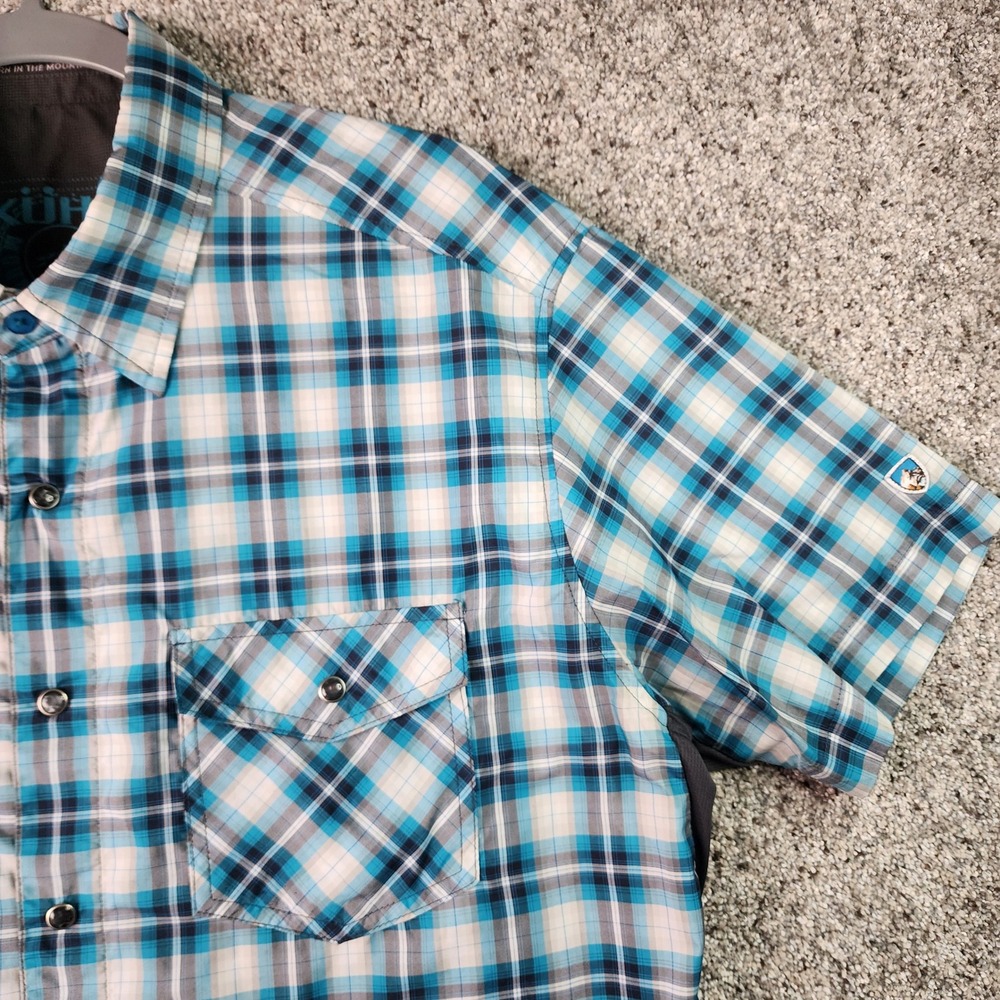 Kuhl Plaid Shirt Mens Large Blue Short Sleeve Snap Front Hiking Outdoor EUC - Picture 3 of 16